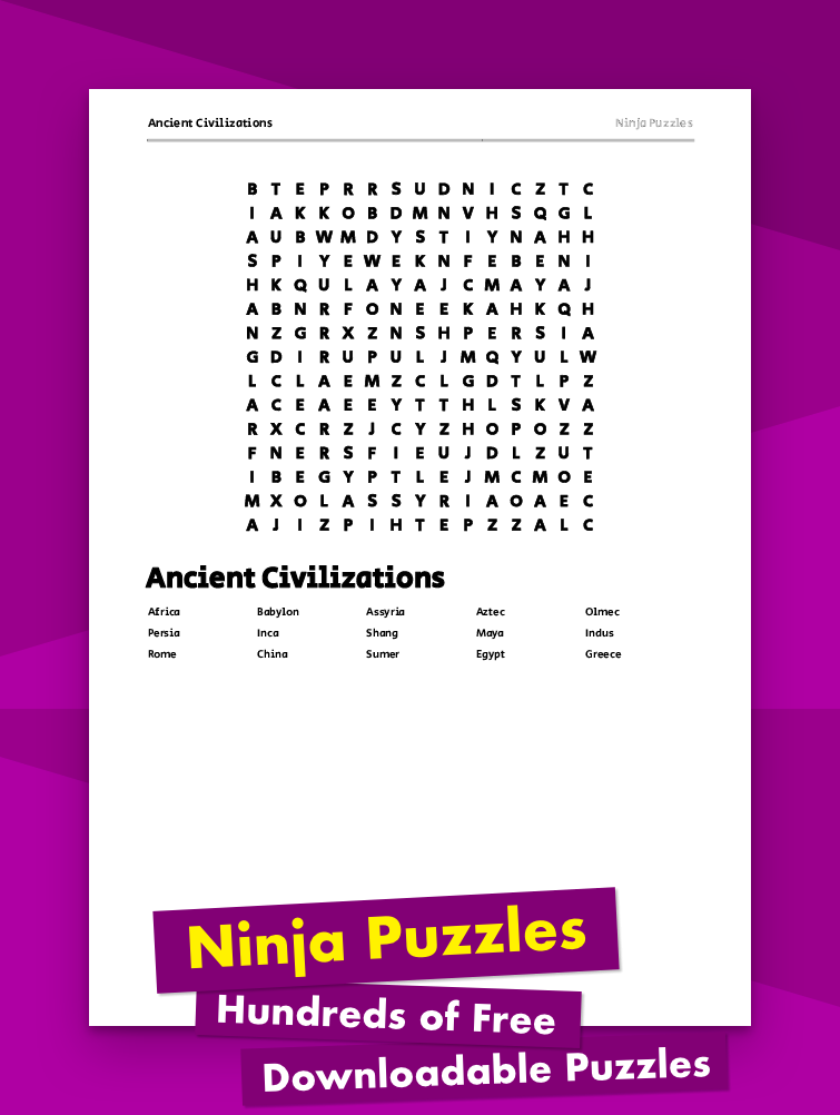 Free Printable Ancient Civilizations Themed Word Search Puzzle Free