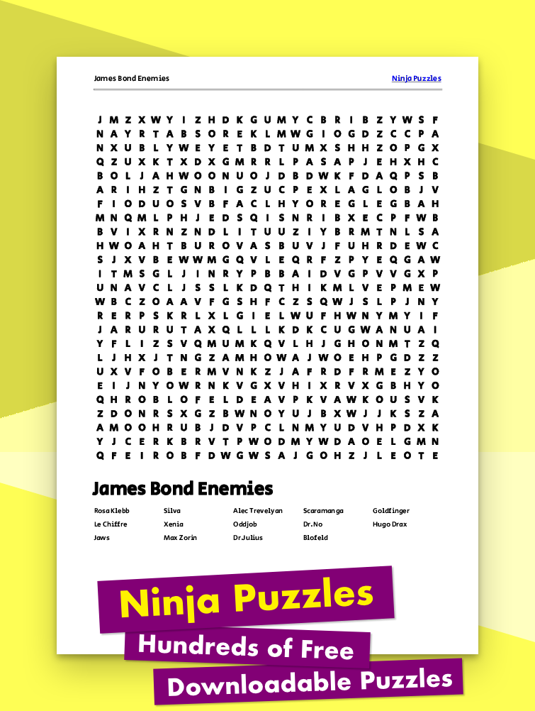 Free Printable James Bond Enemies Themed Word Search Puzzle Free