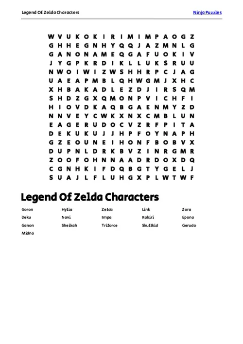 Free Printable Legend Of Zelda Characters themed Word Search Puzzle
