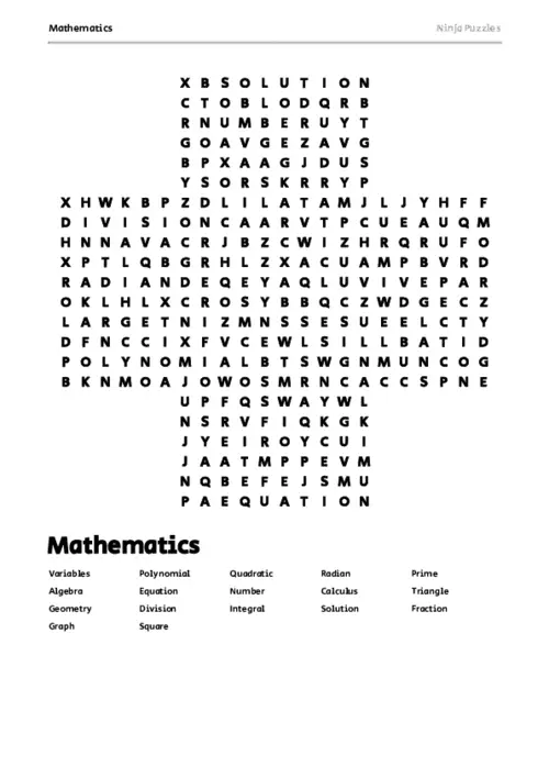Free Printable Mathematics themed Word Search Puzzle thumbnail