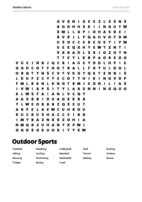 Free Printable Outdoor Sports themed Word Search Puzzle thumbnail