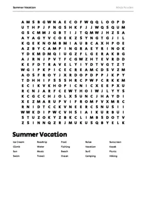 Free Printable Summer Vacation themed Word Search Puzzle puzzle thumbnail