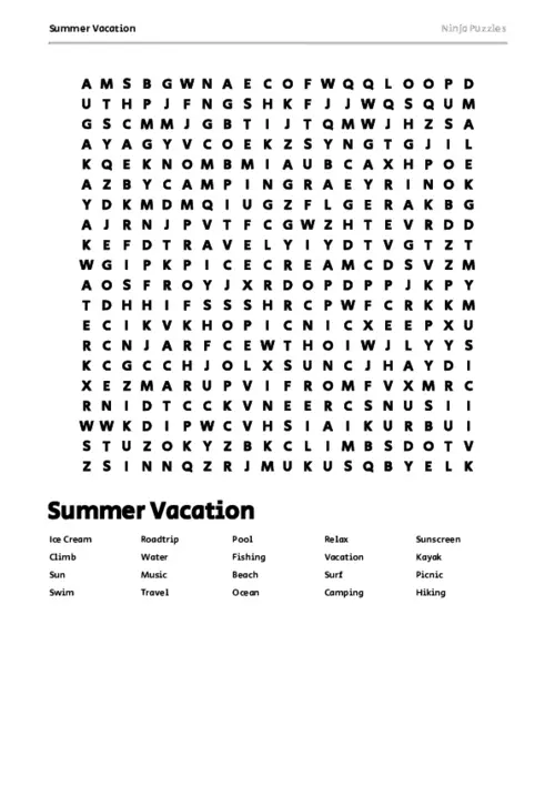 Free Printable Summer Vacation themed Word Search Puzzle thumbnail