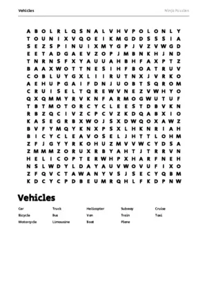 Free Printable Vehicles themed Word Search Puzzle puzzle thumbnail