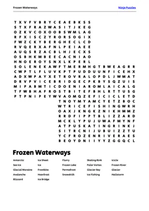 Free Printable Frozen Waterways themed Word Search Puzzle puzzle thumbnail