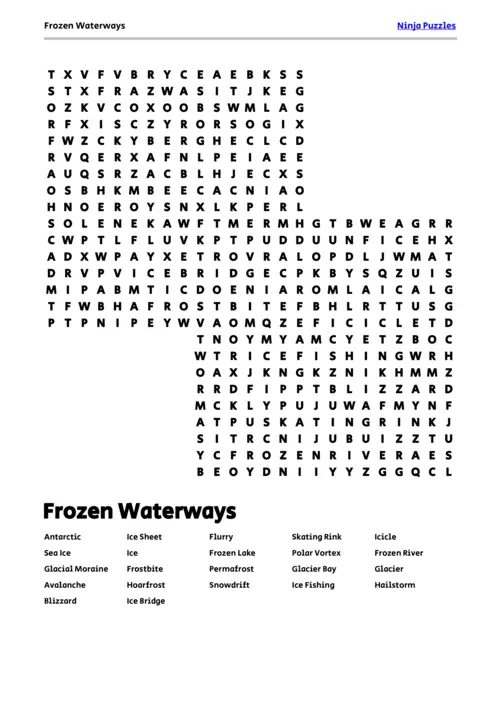 Free Printable Frozen Waterways themed Word Search Puzzle thumbnail