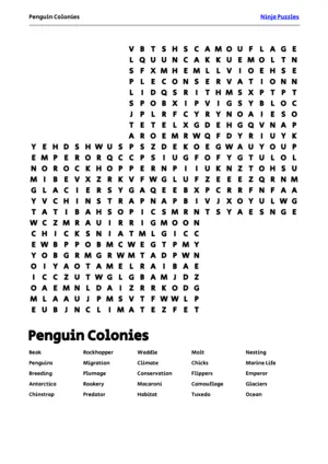 Free Printable Penguin Colonies themed Word Search Puzzle puzzle thumbnail