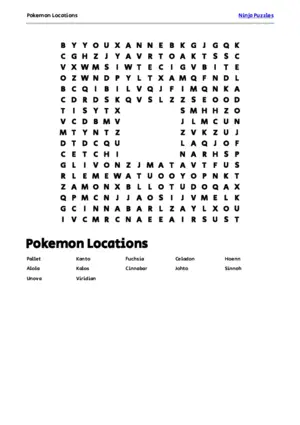 Free Printable Pokemon Locations themed Word Search Puzzle puzzle thumbnail