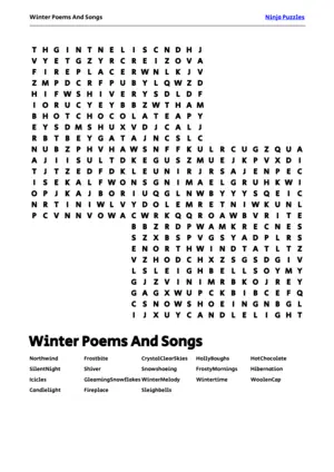 Free Printable Winter Poems And Songs themed Word Search Puzzle puzzle thumbnail