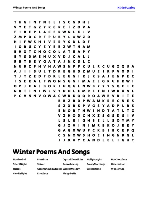 Free Printable Winter Poems And Songs themed Word Search Puzzle thumbnail