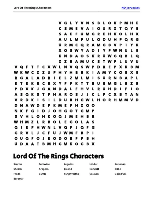 Free Printable Lord Of The Rings Characters themed Word Search Puzzle thumbnail