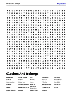 Free Printable Glaciers And Icebergs themed Word Search Puzzle puzzle thumbnail