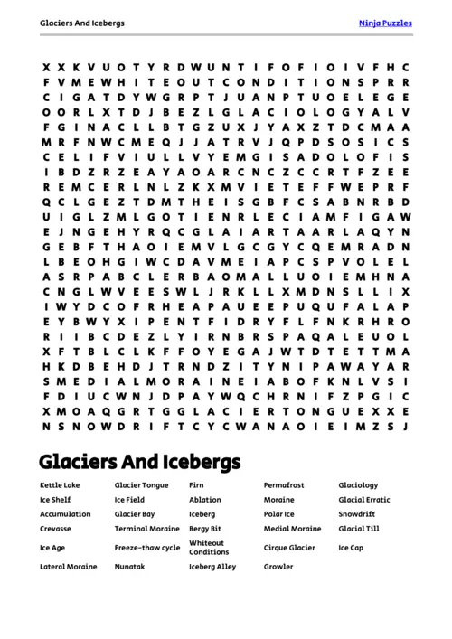 Free Printable Glaciers And Icebergs themed Word Search Puzzle thumbnail