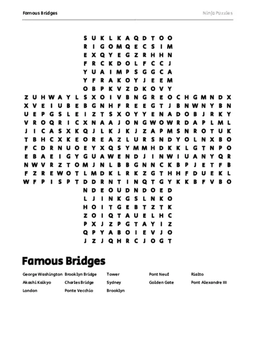 Free Printable Famous Bridges themed Word Search Puzzle thumbnail