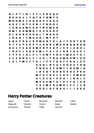Free Printable Harry Potter Creatures themed Word Search Puzzle puzzle thumbnail