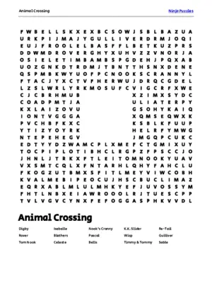 Free Printable Animal Crossing themed Word Search Puzzle puzzle thumbnail