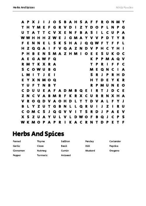 Free Printable Herbs And Spices themed Word Search Puzzle thumbnail