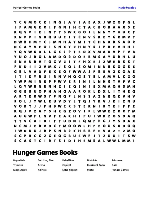 Free Printable Hunger Games Books themed Word Search Puzzle thumbnail