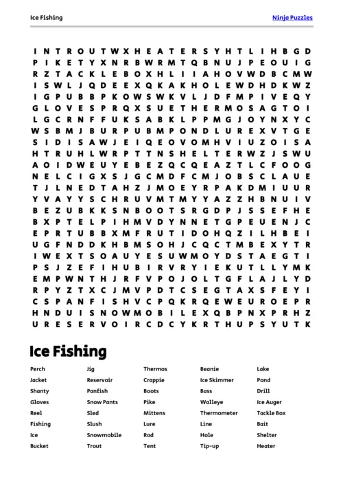 Free Printable Ice Fishing themed Word Search Puzzle thumbnail