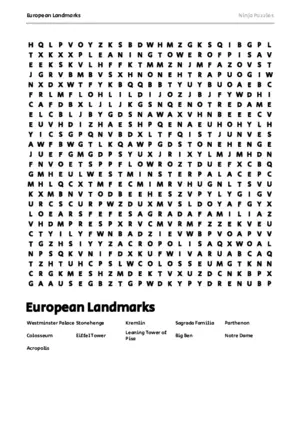 Free Printable European Landmarks themed Word Search Puzzle puzzle thumbnail