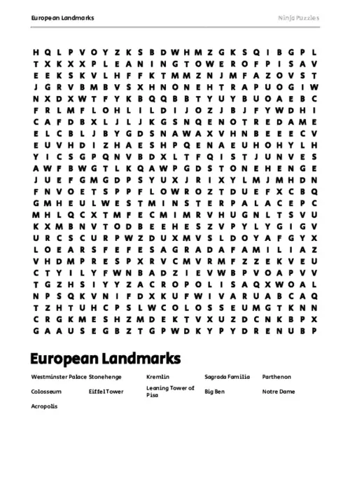 Free Printable European Landmarks themed Word Search Puzzle thumbnail