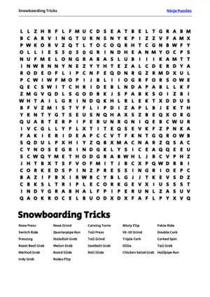 Free Printable Snowboarding Tricks themed Word Search Puzzle puzzle thumbnail