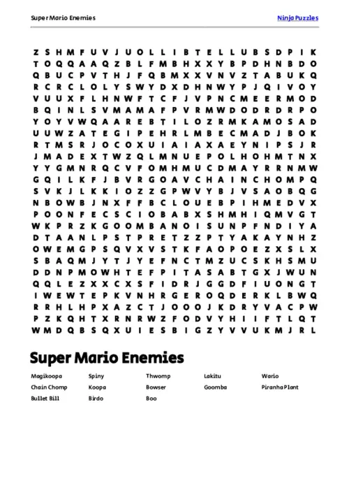Free Printable Super Mario Enemies themed Word Search Puzzle thumbnail