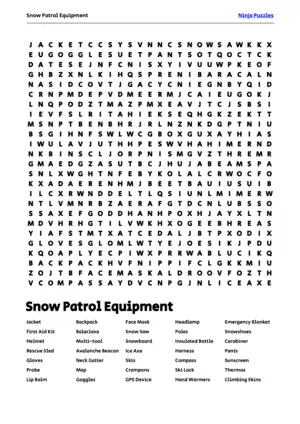 Free Printable Snow Patrol Equipment themed Word Search Puzzle puzzle thumbnail