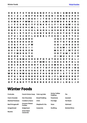 Free Printable Winter Foods themed Word Search Puzzle puzzle thumbnail