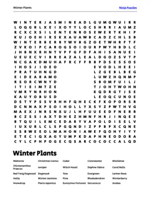 Free Printable Winter Plants themed Word Search Puzzle puzzle thumbnail