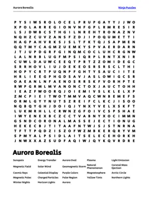 Free Printable Aurora Borealis themed Word Search Puzzle puzzle thumbnail