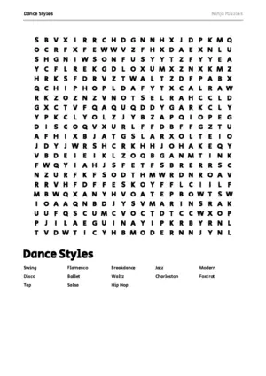 Free Printable Dance Styles themed Word Search Puzzle puzzle thumbnail