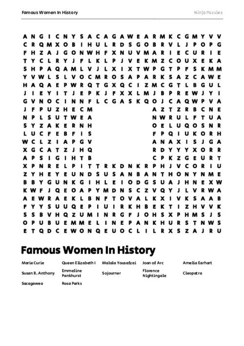 Free Printable Famous Women In History themed Word Search Puzzle thumbnail