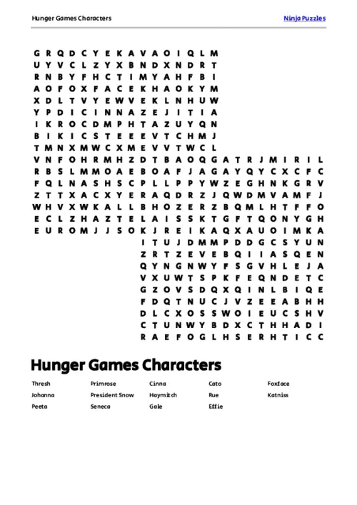 Free Printable Hunger Games Characters themed Word Search Puzzle thumbnail