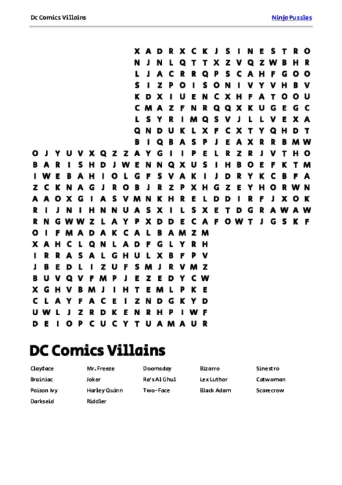 Free Printable Dc Comics Villains themed Word Search Puzzle thumbnail