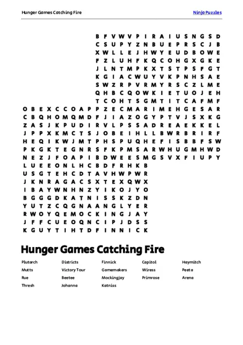 Free Printable Hunger Games Catching Fire themed Word Search Puzzle thumbnail