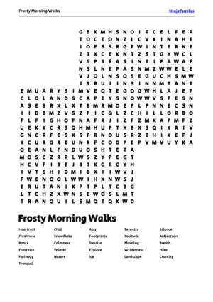 Free Printable Frosty Morning Walks themed Word Search Puzzle puzzle thumbnail