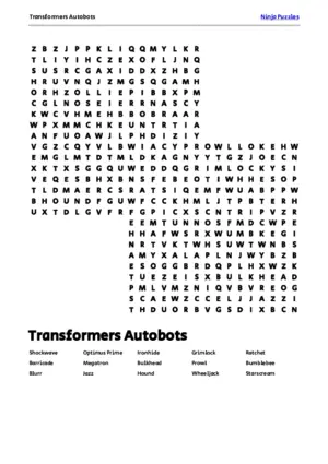 Free Printable Transformers Autobots themed Word Search Puzzle puzzle thumbnail