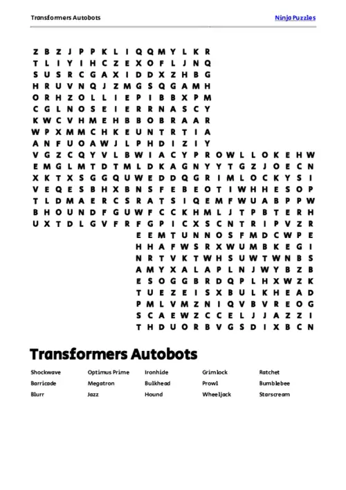 Free Printable Transformers Autobots themed Word Search Puzzle thumbnail