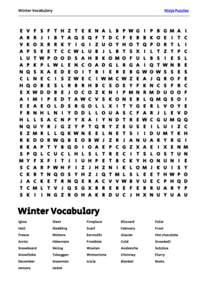 Free Printable Winter Vocabulary themed Word Search Puzzle puzzle thumbnail