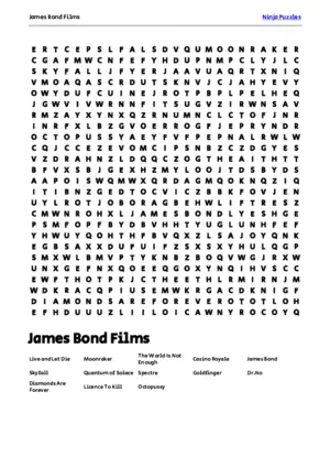 Free Printable James Bond Films themed Word Search Puzzle puzzle thumbnail