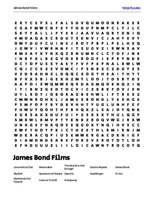 Free Printable James Bond Films themed Word Search Puzzle