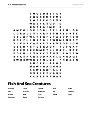 Free Printable Fish And Sea Creatures themed Word Search Puzzle puzzle thumbnail