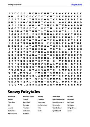 Free Printable Snowy Fairytales themed Word Search Puzzle puzzle thumbnail