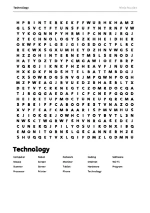 Free Printable Technology themed Word Search Puzzle puzzle thumbnail