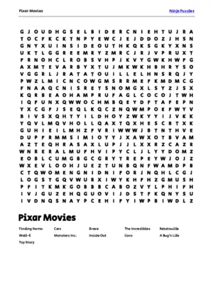 Free Printable Pixar Movies themed Word Search Puzzle puzzle thumbnail