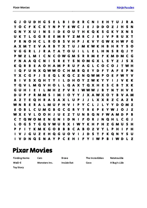 Free Printable Pixar Movies themed Word Search Puzzle thumbnail