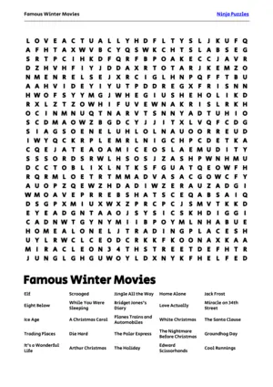 Free Printable Famous Winter Movies themed Word Search Puzzle puzzle thumbnail