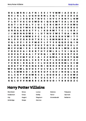 Free Printable Harry Potter Villains themed Word Search Puzzle puzzle thumbnail