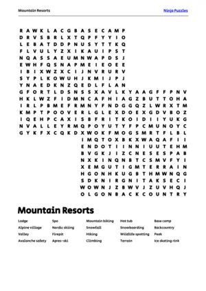 Free Printable Mountain Resorts themed Word Search Puzzle puzzle thumbnail